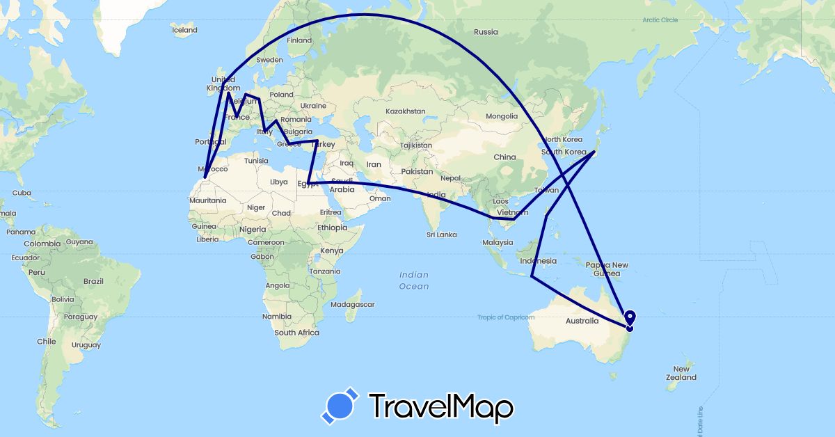 TravelMap itinerary: driving in Australia, Germany, Egypt, Spain, France, United Kingdom, Greece, Croatia, Indonesia, Italy, Japan, Morocco, Netherlands, Philippines, Thailand, Turkey, Vietnam (Africa, Asia, Europe, Oceania)