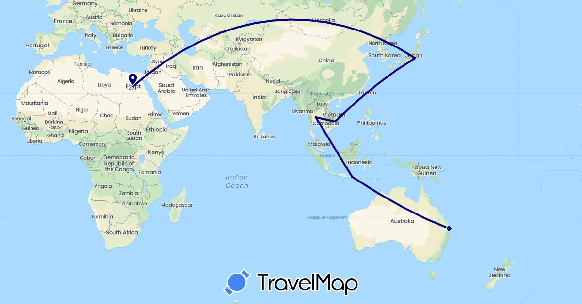 TravelMap itinerary: driving in Australia, Egypt, Indonesia, Japan, Thailand, Vietnam (Africa, Asia, Oceania)